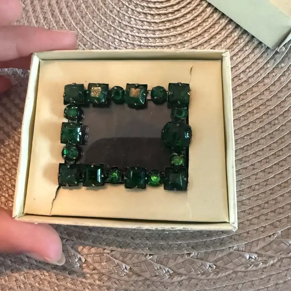 Vintage Emerald Green Rhinestone Miniature Picture Frame with Box